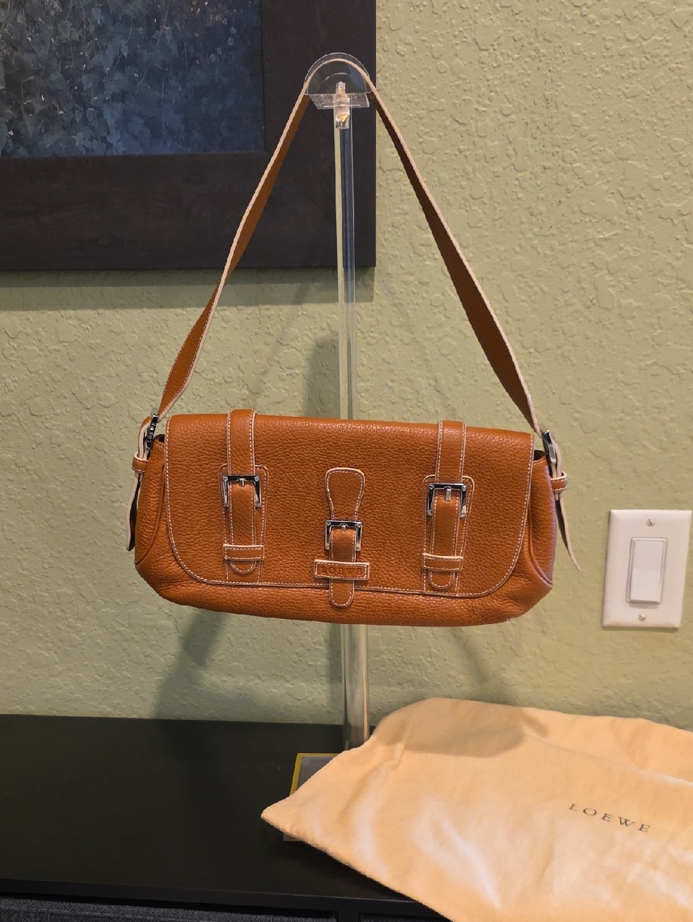 Loewe Cognac Brown Leather Shoulder Bag with Buckle Accents